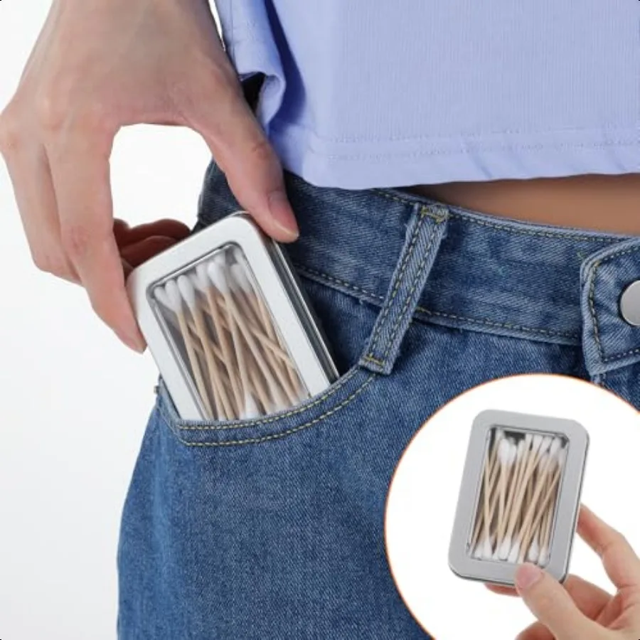 2 Buah Tempat Kapas untuk Perjalanan, Kotak Qtips dengan Tutup Anti Debu, Tempat Kapas Logam Kosong, Portabel, Kecil, untuk Perjalanan dan Perawatan Gigi