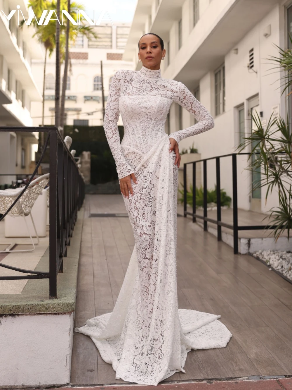 

2026 Dazzling Beaded Lace Long Wedding Dress Illusion High Slit Bridal Gown Customized Dreamy High Collar Dresses For Bride