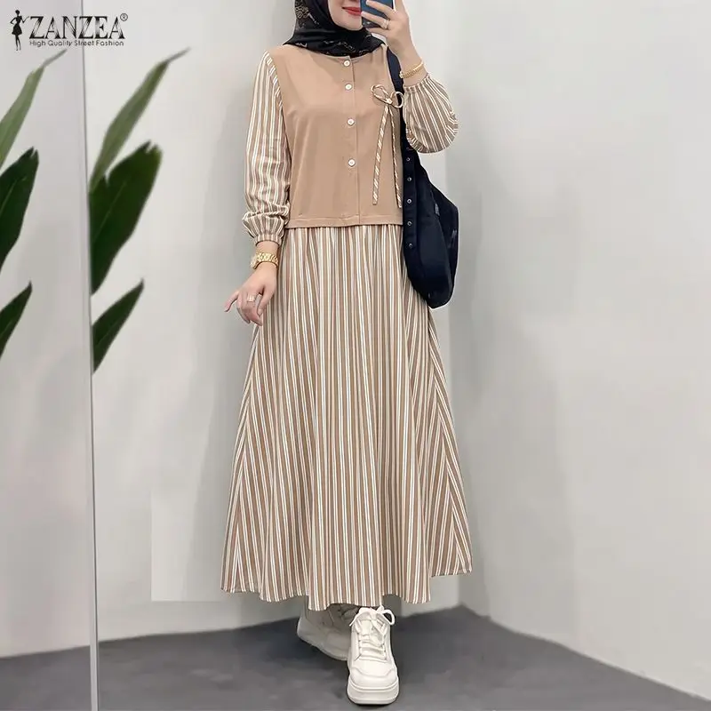 Muslim Women Modest Maxi Dress Patchwork Striped Long Sleeves Bow Detail Abaya Robes ZANZEA Islamic Hijabis Ramadan Eid Kaftan