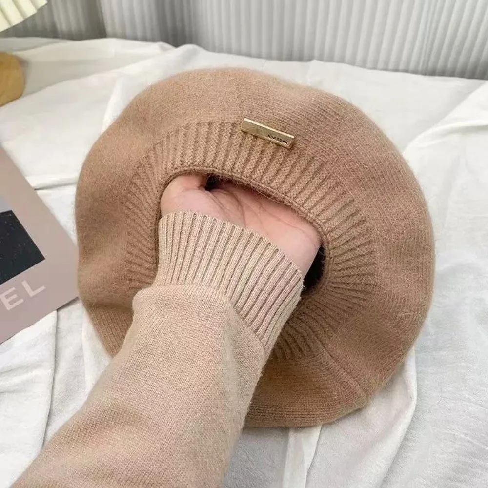 Fashion Warm Woolen Crochet Knitted Hat Metal Label Solid Color Beret Hat Anti-cold Knit Cap Winter