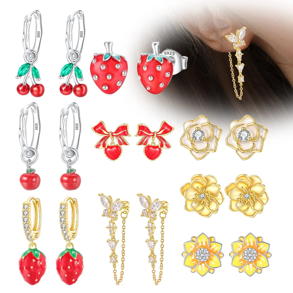 

Серьги из серебра 925 пробы с клубникой и вишней, бантом и цветком, цирконием, двойные серьги-кольца для женщин, оригинальные ювелирные изделия на день рождения, подарок