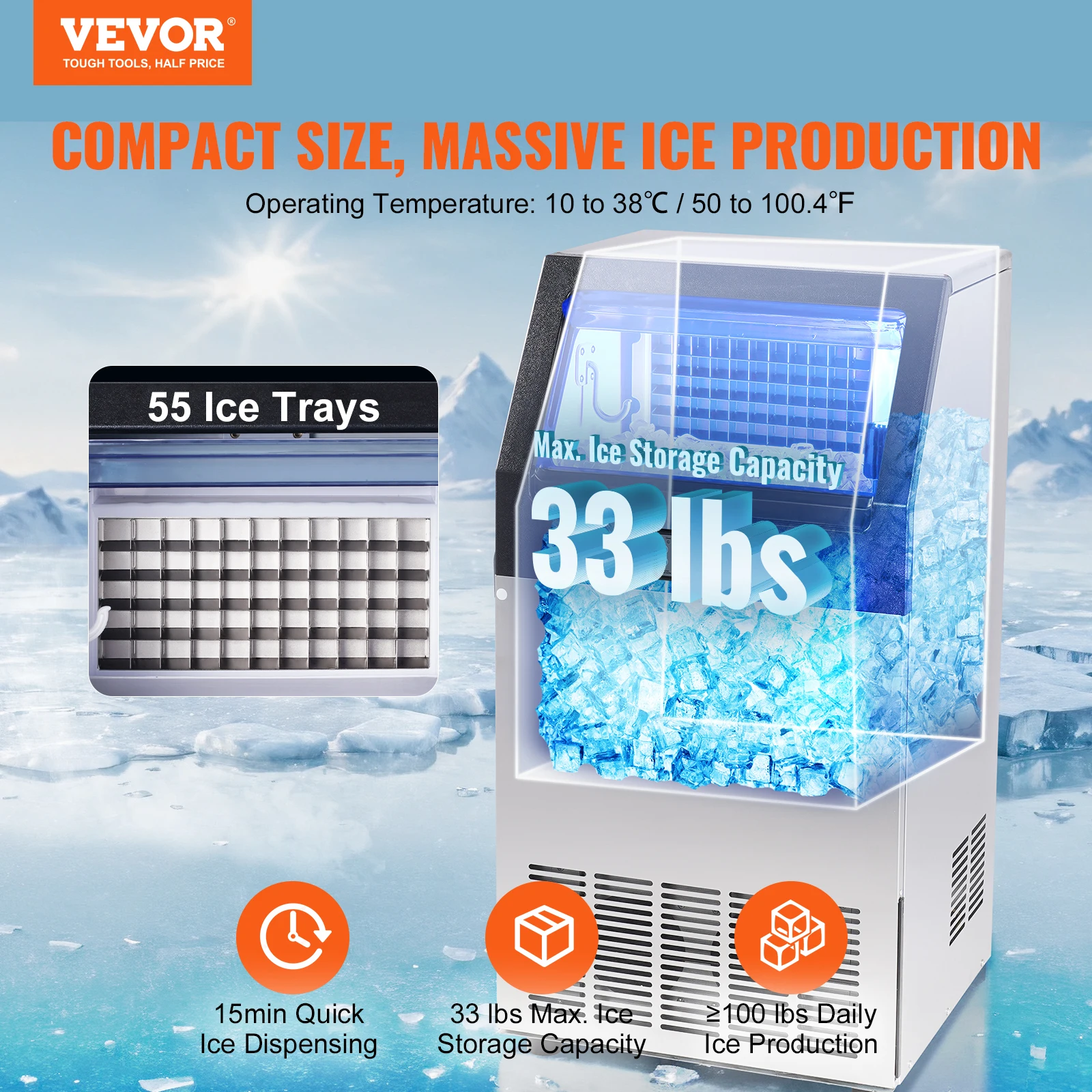 VEVOR Commercial Ice Maker, 100lbs/24H,55 Ice Cubes in 12-15 Minutes, Freestanding Cabinet Ice Maker with 33lbs Storage Capacity