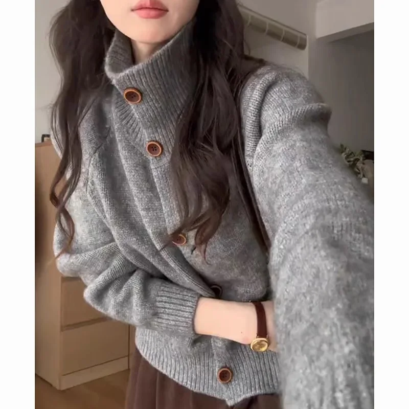 

Fashionable Casual Women's Top Autumn and Winter New Korean Retro Brown Button High Neck Knitted Sweater