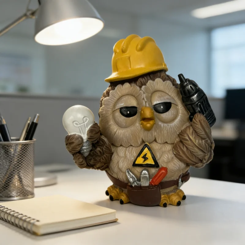 Handyman Owl Figurine, Resin, Cute Worker Owl Statue with Hard Hat & Tools, Home/Office Shelf Decor