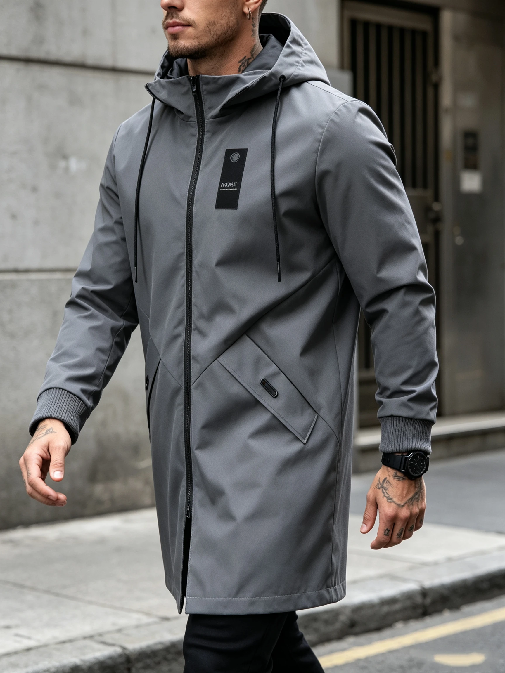 Men's Mid‑Length Hooded Windbreaker Jacket Full Zip Drawstring Hood Casual Windproof Outerwear With Decorative Label