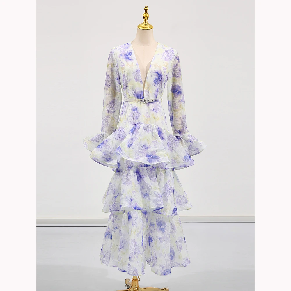 2025 verão vestido feminino profundo decote em v floral plissado em camadas maxi vestido sino manga magro elegante temperamental vestido de festa