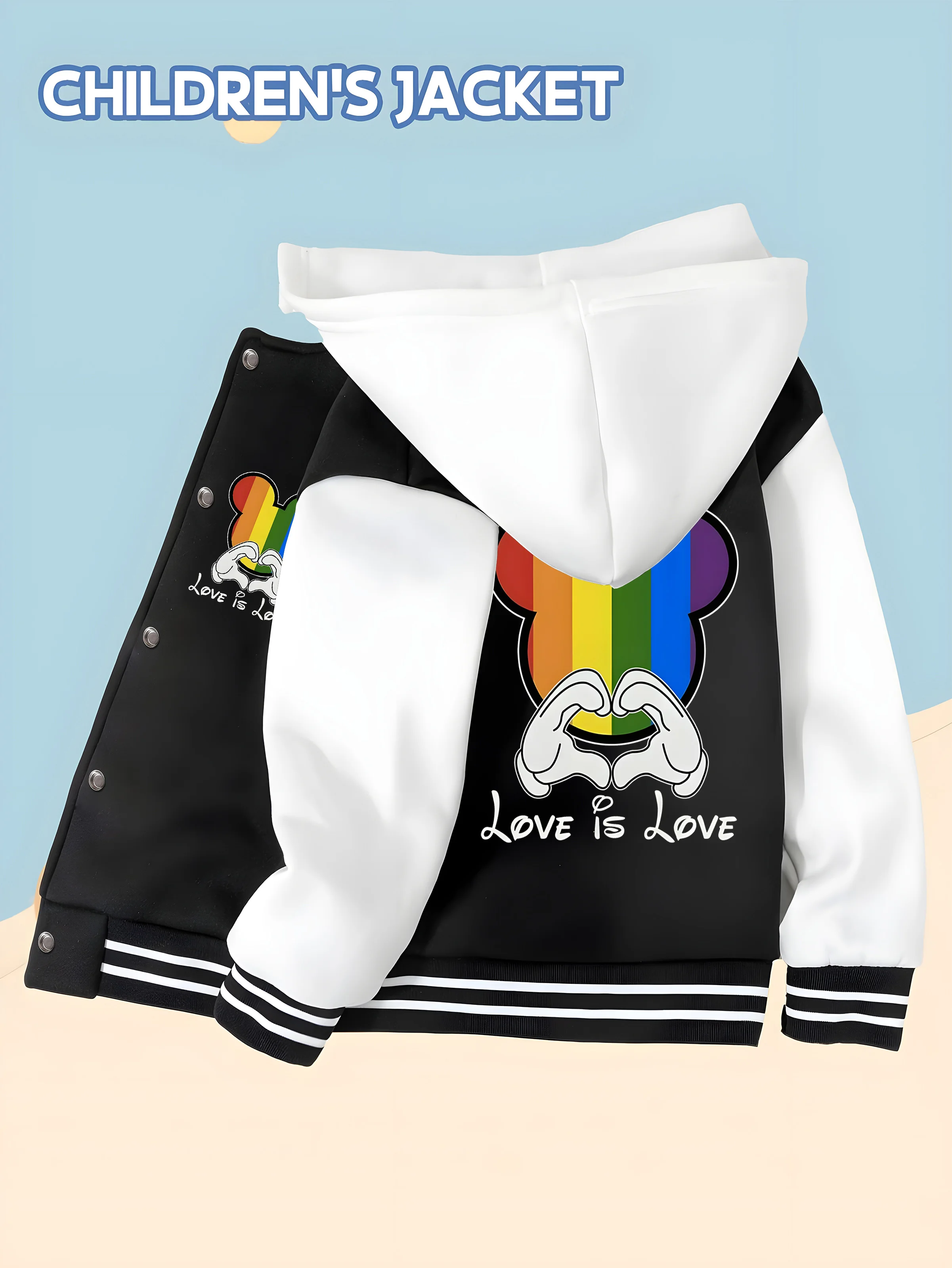 

MINISO Disney Boys' Baseball Jacket - Mickey Rainbow Heart, Reversible "LOVE IS LOVE" + Rainbow Mickey, Casual