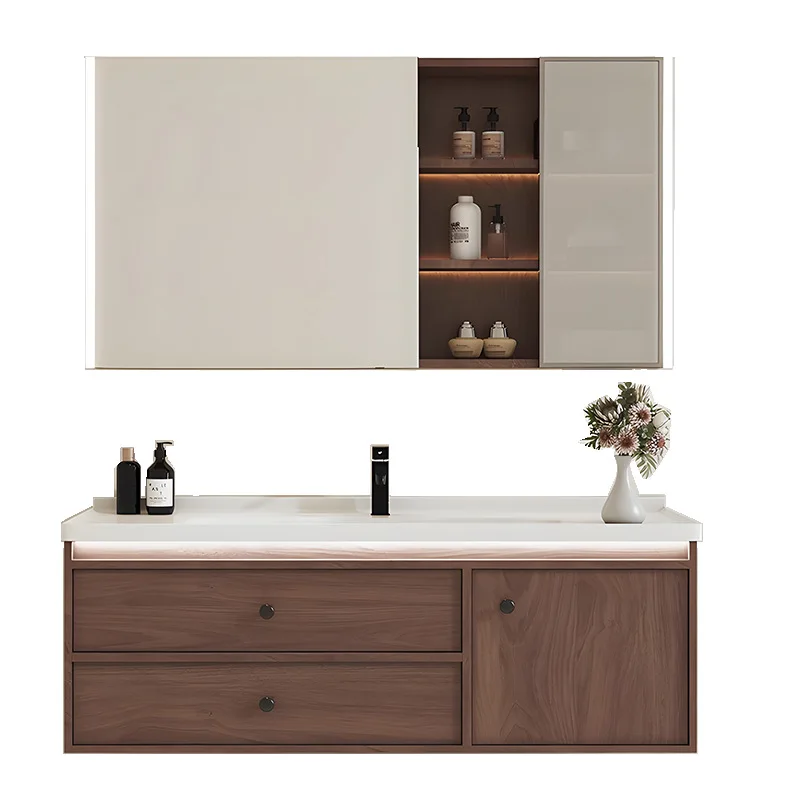 New Bathroom Single Sink Wooden Cabinet Bathroom Vanity Set With Resin Sink Set Lighting Bathroom Vanities