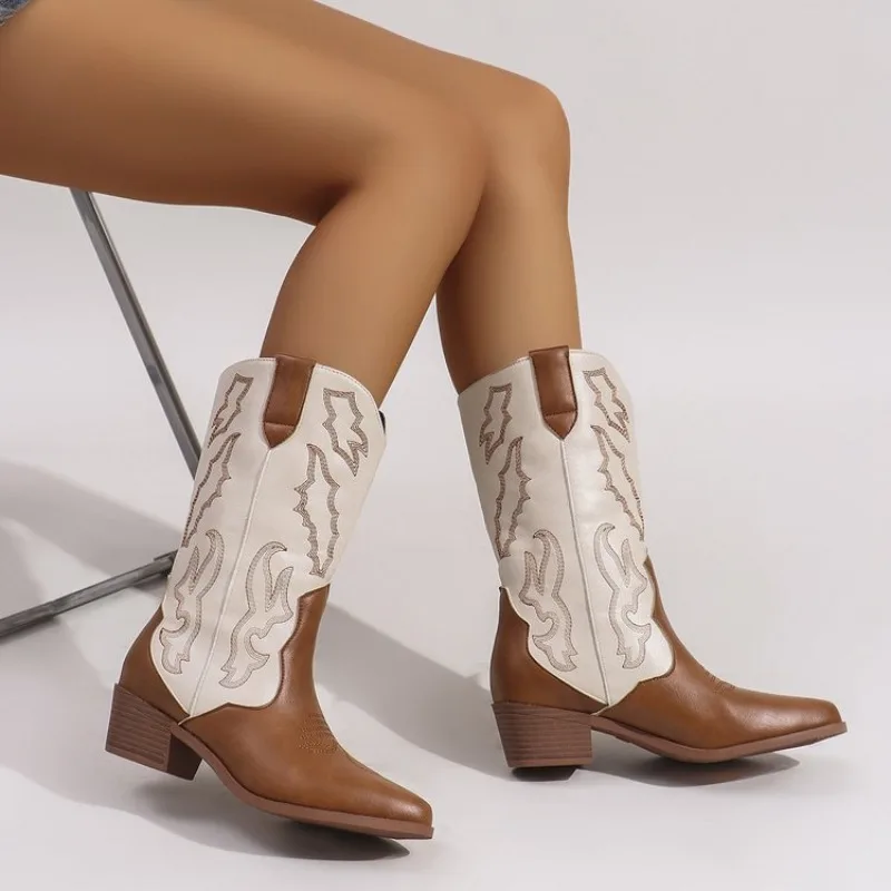 

New Fashion Slip on Thick Heel Knight Long Booties Embroidery Women Western Cowboy Boots Retro Style Female Shoes Botas Mujer 신발