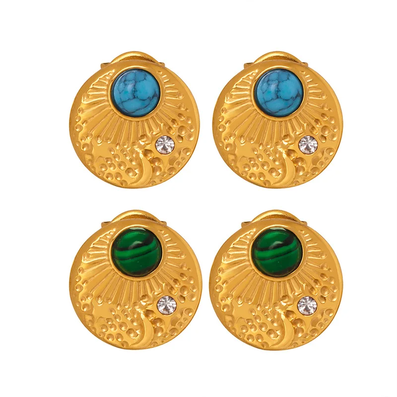 

Stylish 18k Gold Plated Stainless Steel Blue Green Stone Star Moon Round Coin Stud Earrings for Girls Waterproof Jewelry Gift