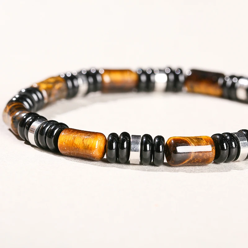 Natural Stone Yellow Tiger Eye Tube Bead Spacer Bracelets Women Men Classic Stainless Steel Elastic Bangles Yoga Energy Jewelry