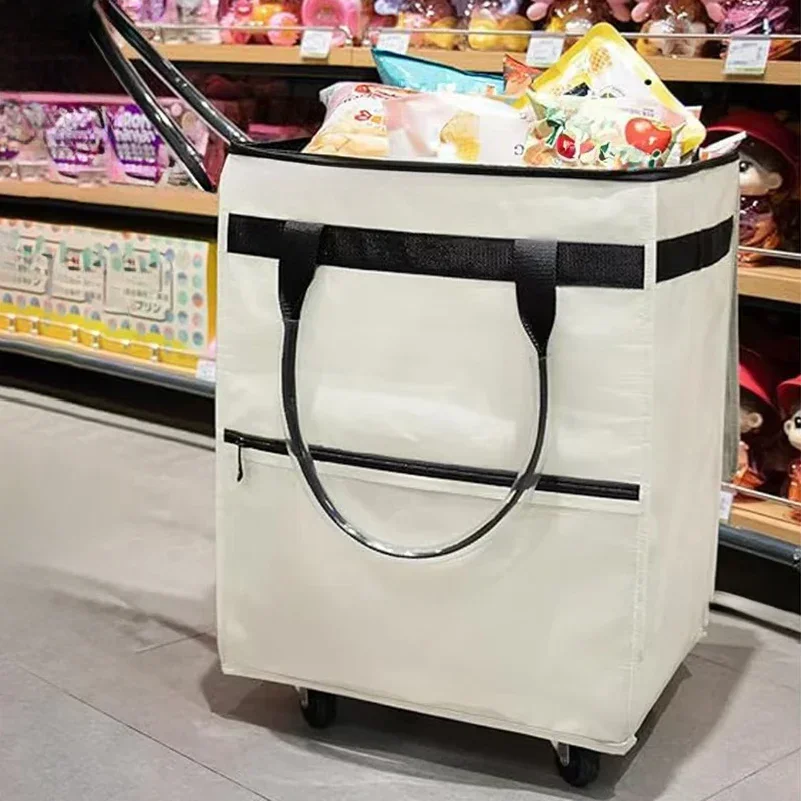 Reusable shopping bag with wheels, large capacity travel rolling tote bag, zipper closure, foldable handle, not easy to break
