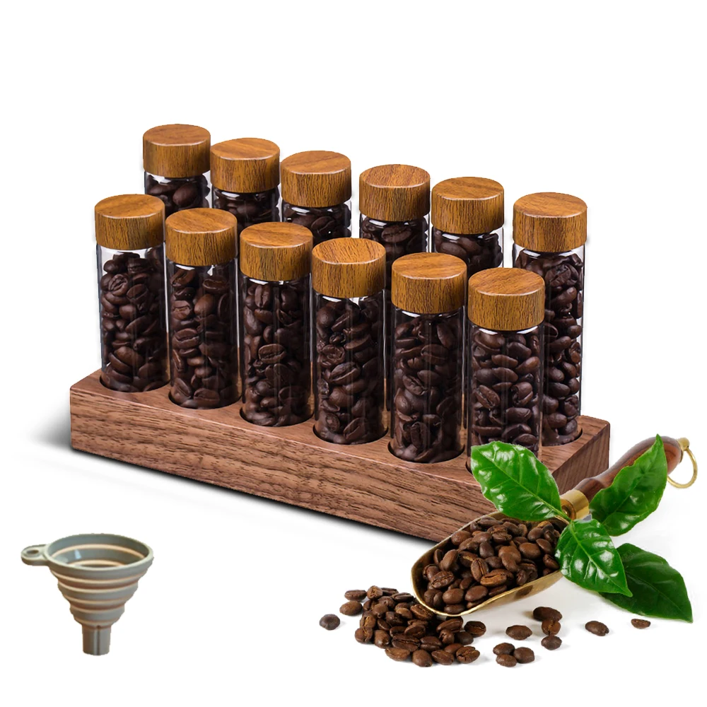 

12pcs Single Dose Coffee Bean Storage Tubes Display Borosilicate Glass Coffee Bean Cellar Container with Lids for Countertop