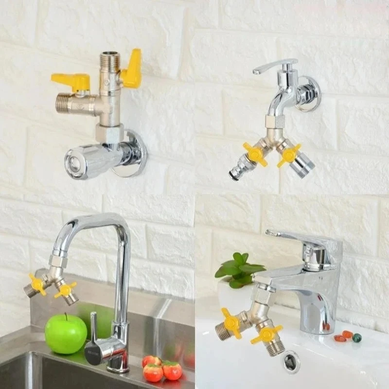 

1 Set 3-Way Metal Washing Machine Faucet Splitter - Copper Ball Valve w/ Swivel Joint, Shut-Off