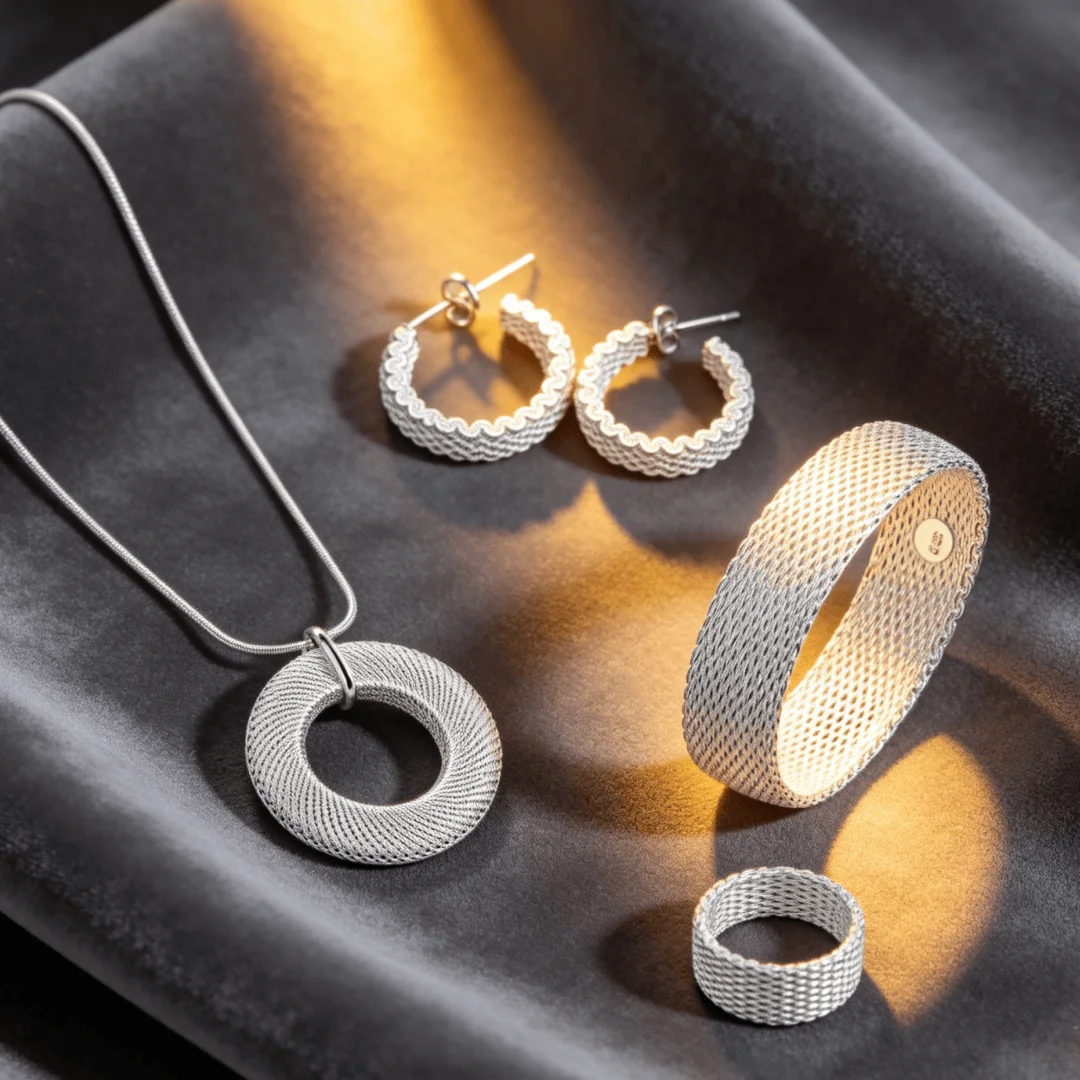 Popular Brands Costume jewelry set 925 Sterling Silver gorgeous Woven Mesh pendant necklace earrings bangle ring for women gifts