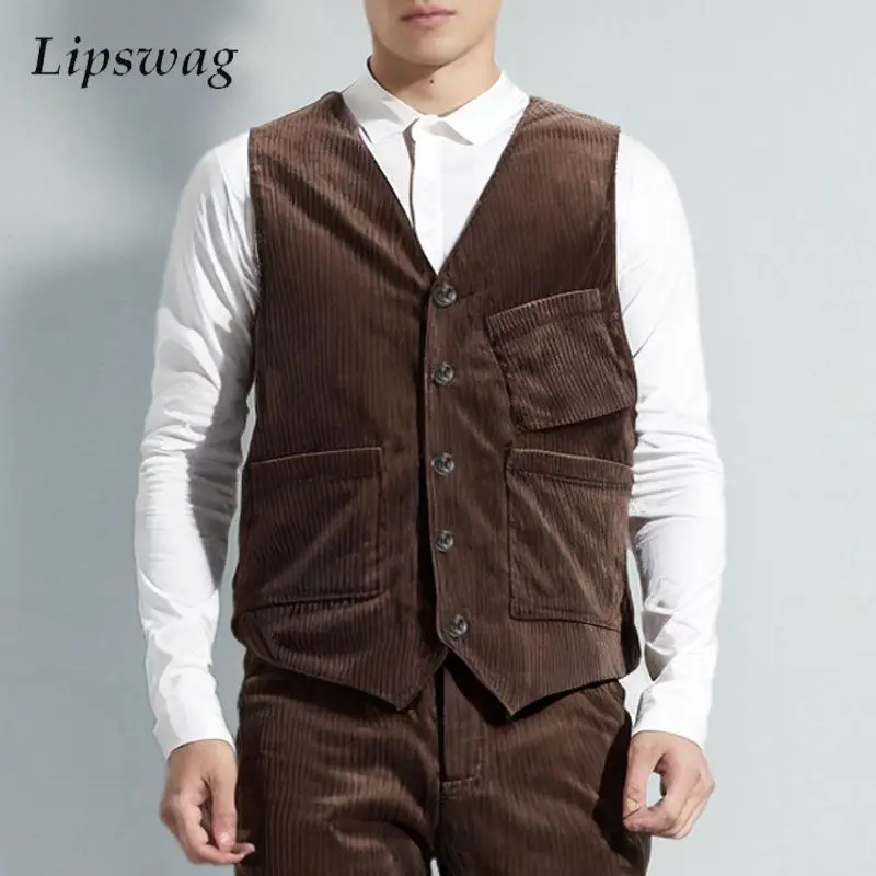 Stylish Mens Cargo Vest Jacket Coat Autumn Vintage Button-up V Neck Sleeveless Corduroy Waistcoats Casual Men Clothing Outerwear