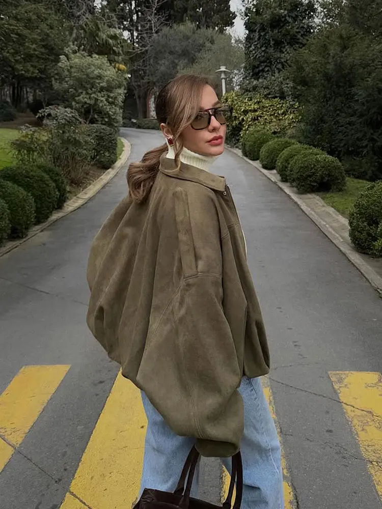 HH-Chaqueta Bomber de ante para mujer, abrigo Vintage de manga larga con cremallera y solapa lisa con bolsillos, prendas de vestir de calle a la moda para mujer 2025