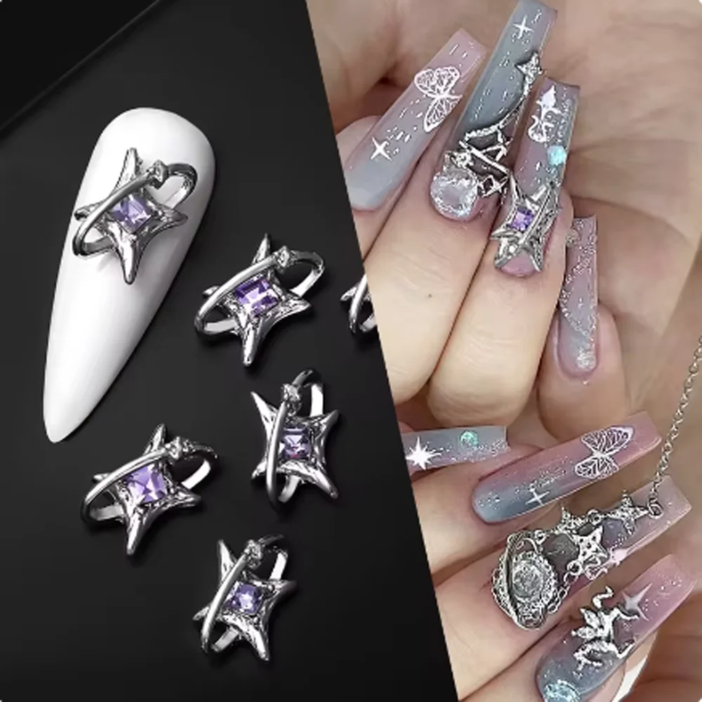 5Pcs Luxury Alloy Love Heart Nail Art Charms 3D Metal Starlight Moon Star Jewelry Nail Decoration Shiny DIY Manicure Accessories