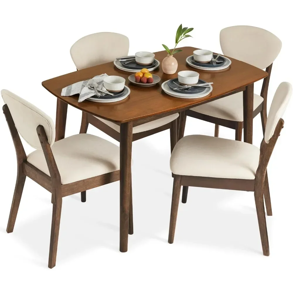 5-Piece Dining Set,Mid-Century Modern Table & Chair Set for Home, Apartment w/ 4 Chairs, Wooden Frame - Cream/Walnut