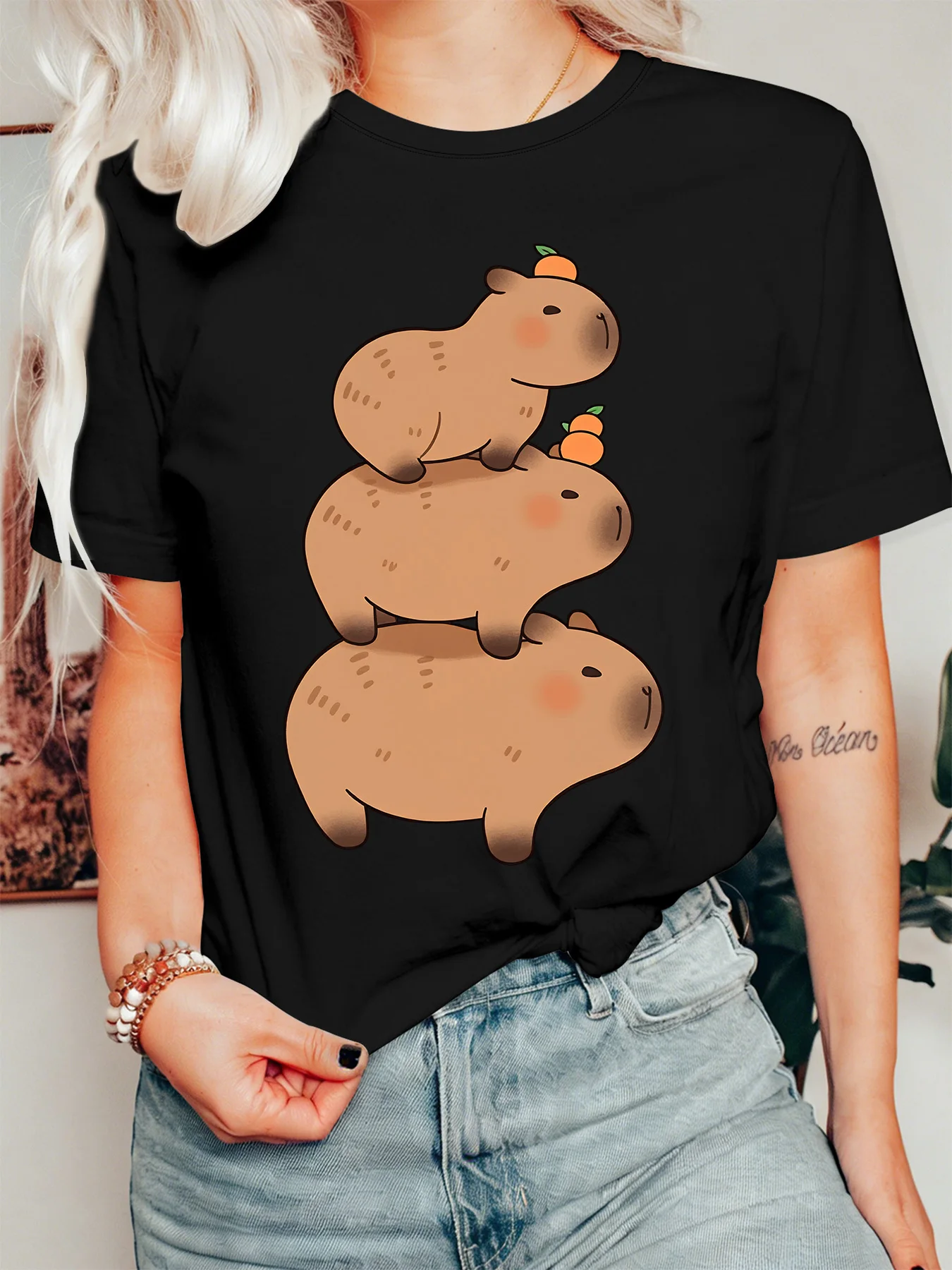 Adorable Stacked Capybaras With Orange Womens T Shirt Kawaii Animal Cartoon Graphic Tee Short Sleeve Casual Daily Ladies Tops