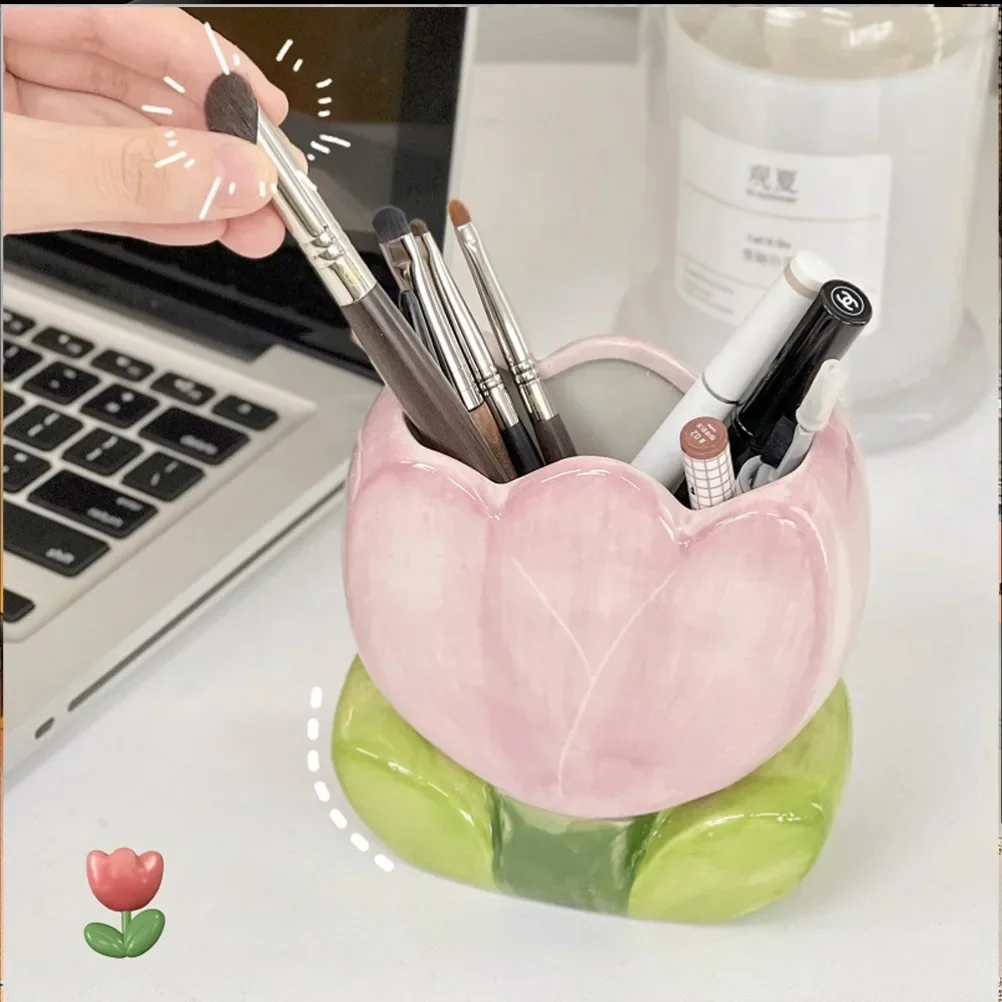 Flower Pen Holder Ceramic Cute Tulips Cartoon Decoration Storage Box Desk Organizer Storage Tank School Office Stationery Shelf