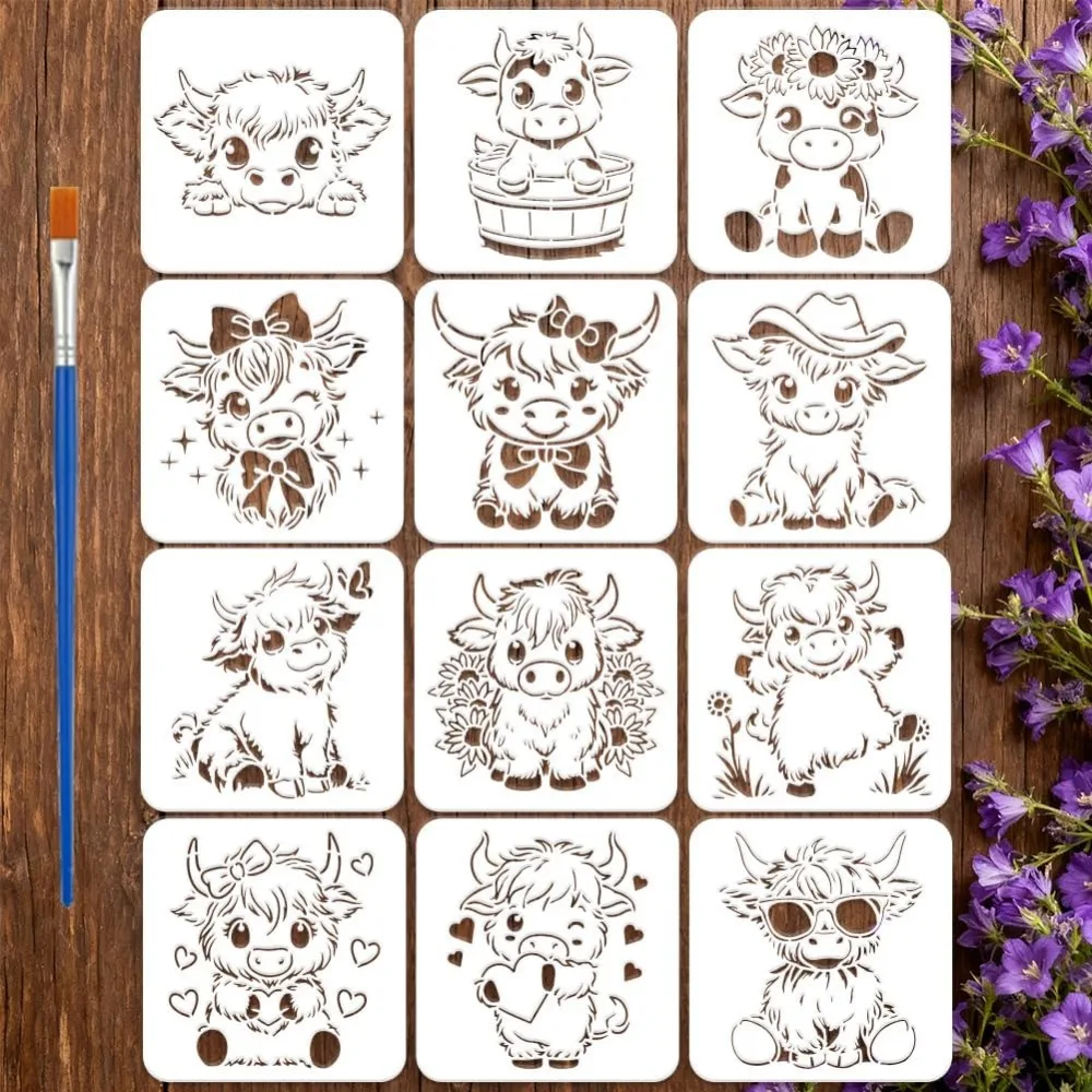 12PCS Cute Calf Painting Stencils with Paint Brush 7.9x7.9inch Flower Cow Farmhouse Drawing Templates Highland Cattle Stencils