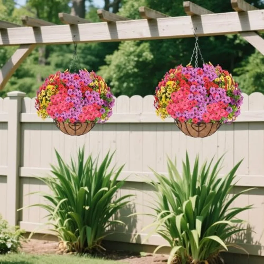 Flower for Outdoors Fake Basket for Outside, 1 Hanging Basket with 13 Pcs Faux Silk Flowers for Porch, Balcony and Patio Decor