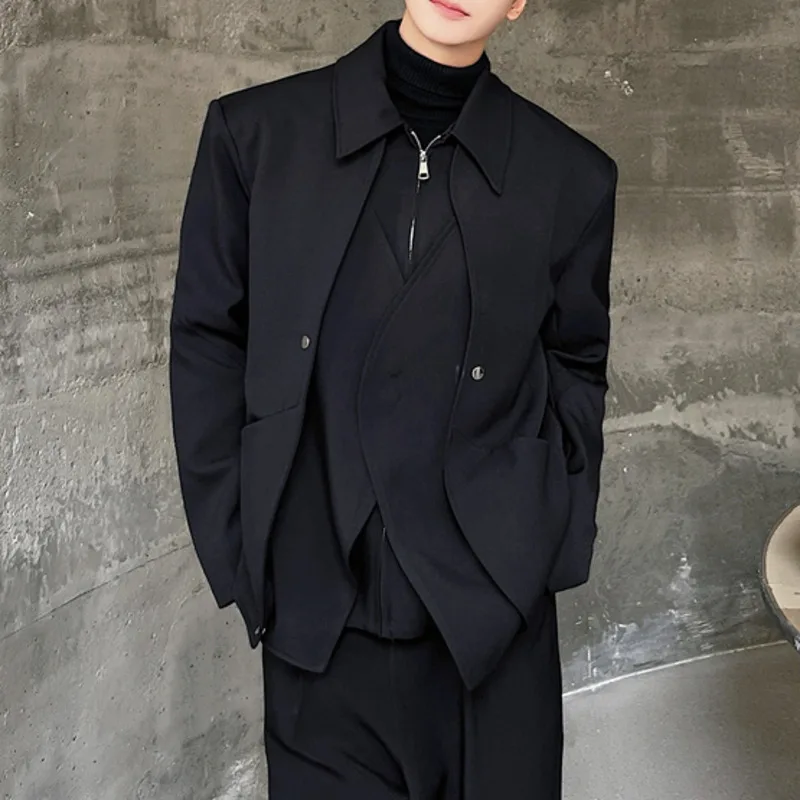 

Niche High-end Men Solid Color Jackets Double Layered Fake Two-piece Coats Lapel Long Sleeve Men Streetwear Casual Outerwear