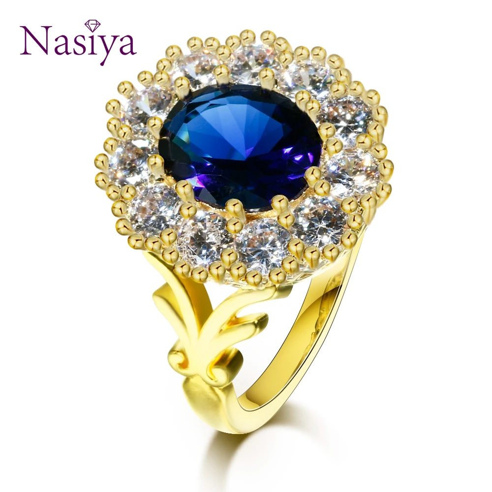 New Luxury Aquamarine Gemstone Gold Color Rings For Women Silver Jewelry Vintage Exquisite Ring Anniversary Engagement Gifts