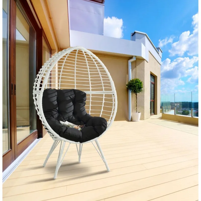

White Egg Shaped Hanging Chair Rattan Wicker Lounge Chair with Cushion Outdoor Indoor Patio Balcony Living Room Relaxation