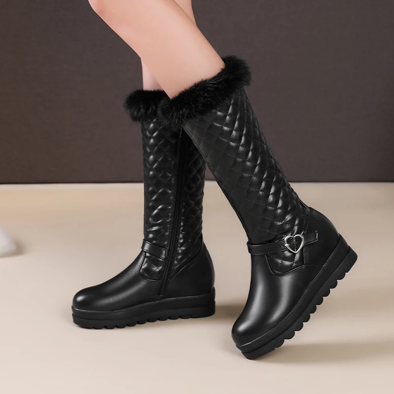 Faux Fur Sewing Raised Plaid Metal Heart Buckle Side Zipper Sweet Knee Length Boots Thick Plush Lining Flat Bottom Elevated Shoe