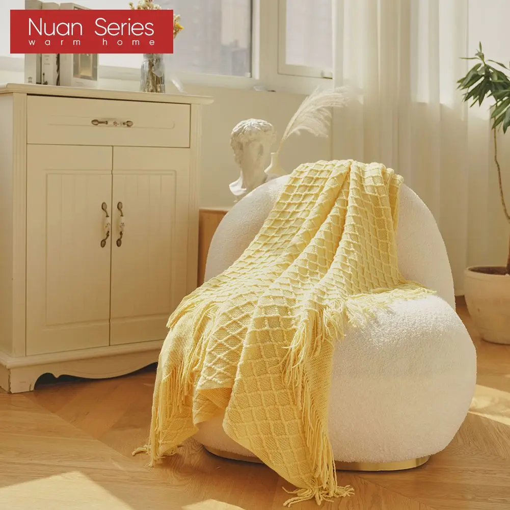 Tassel Plaid 100% Acrylic Blanket White/Beige/Yellow Super Warm Soft Comfortable Blankets Throw For Sofa/Bed Home Decor
