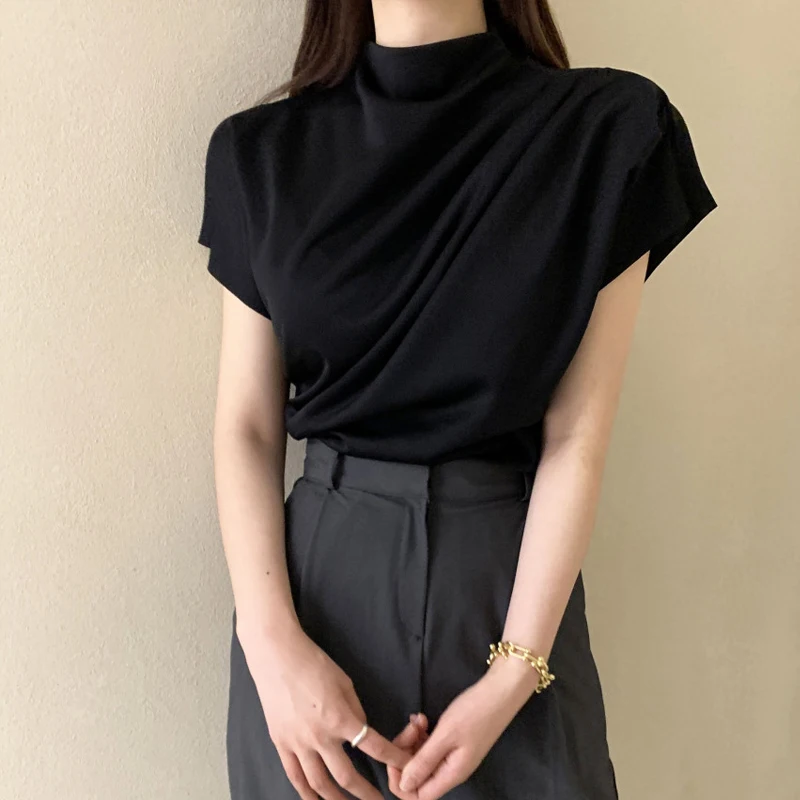 Ele Semi-High Collar ort Sve irt Women's Design Sense Pleated Slimming Top Summer Faion Casual Loose Fit