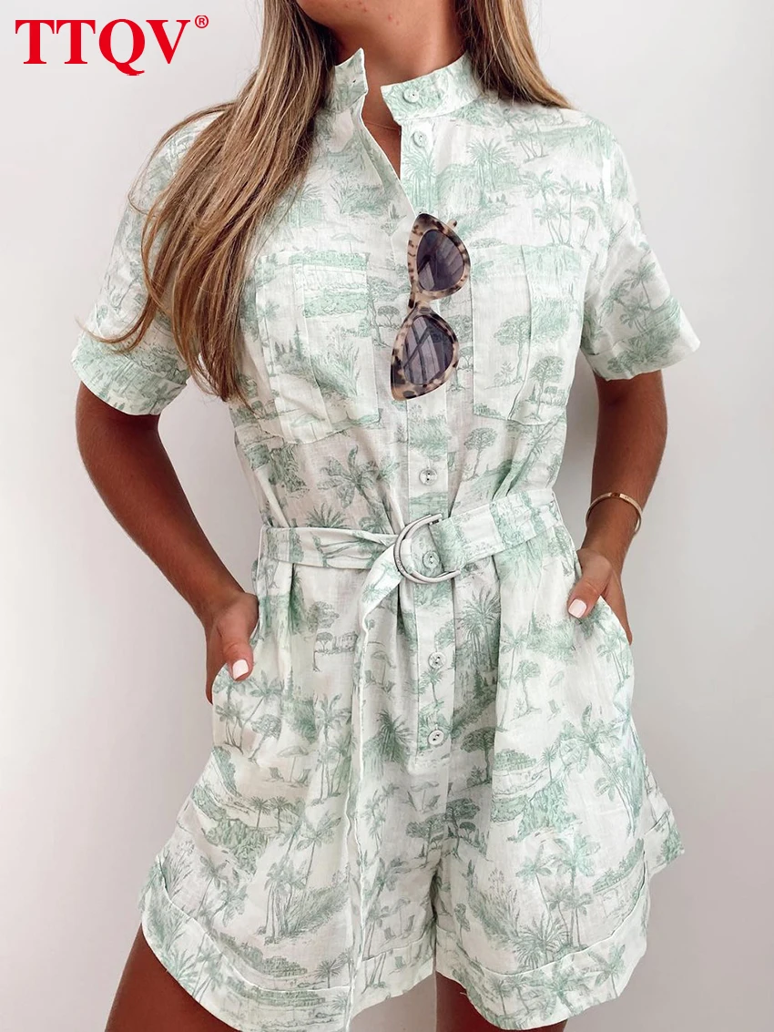 

TTQV Fashion Loose Print Women's Jumpsuit 2026 Summer Lapel Short Sleeve Jumpsuits Elegant Classic Belt Bodysuit Female Clothing