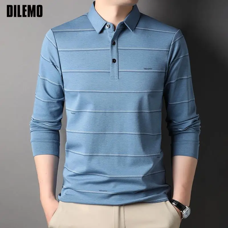 Top Grade Mulberry Silk 5.2% New Fashion Stripped Polo Men Designer Brand Casual Long Sleeve Plain Tops Mens Clothes 2023