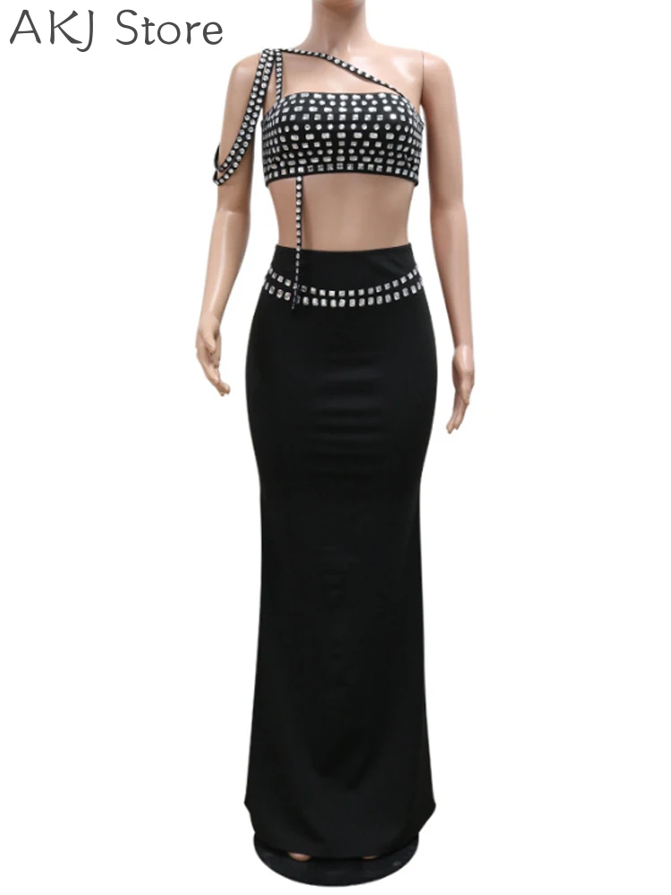 Women 2 Pcs Set Sexy Solid Color Sleeveless Rhinestone Top and High Waist Bodycon Skirt