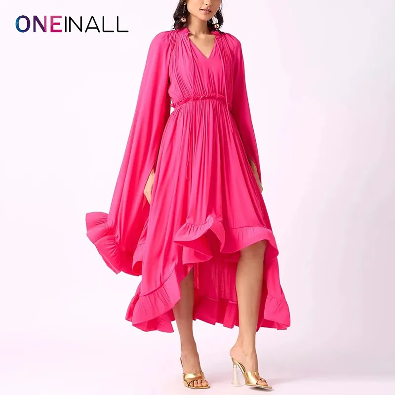 

ONEINALL Solid Loose Dresses For Women Stand Collar Cloak Sleeves High Waist Spliced Ruffles Folds Maxi Dress Female Summer New