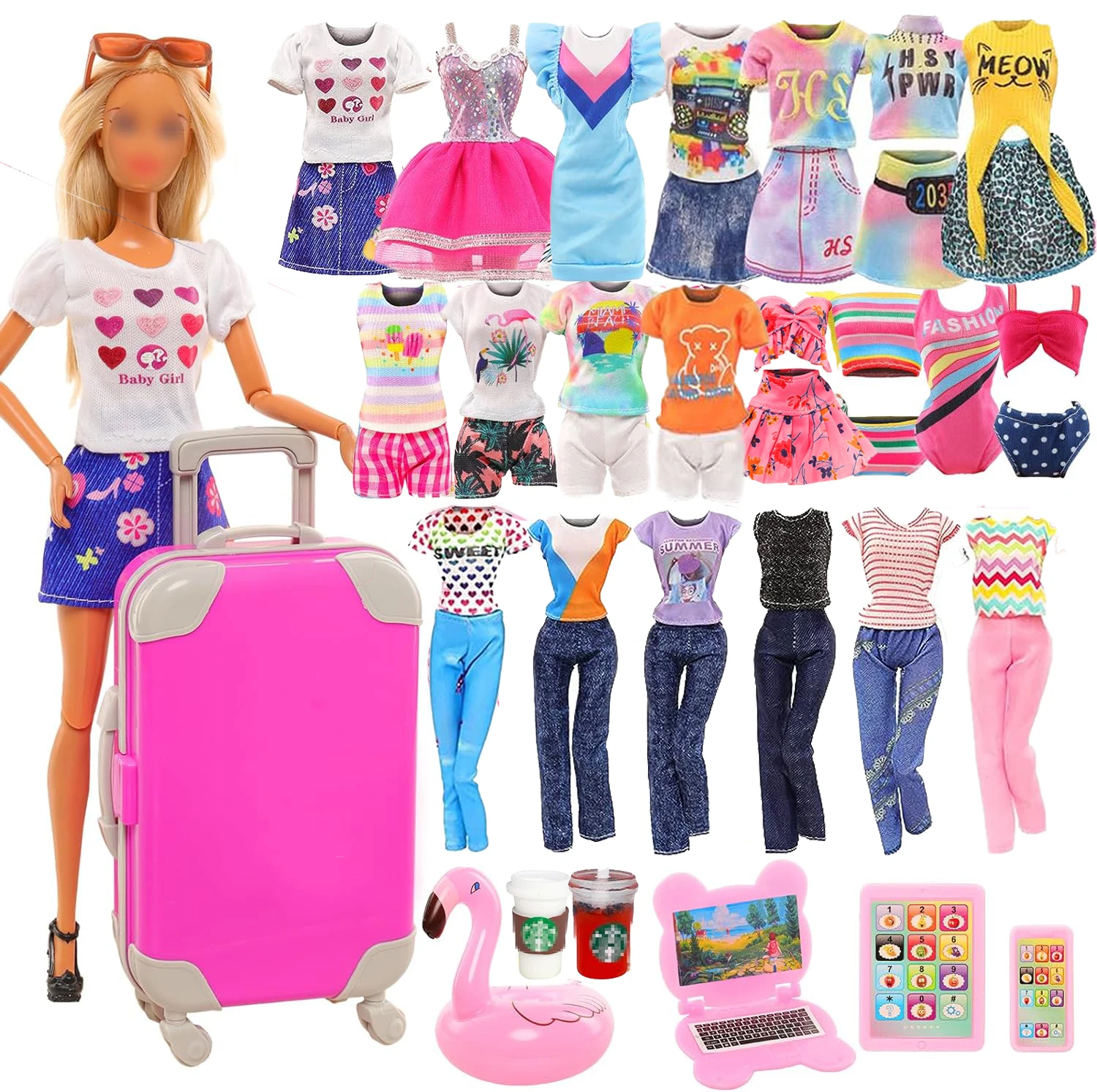 16 Pcs Doll Travel Luggage Playset 1 Trunk 2 Fashion Dresses 4 Tops and Pants/Shorts 2 Swimsuits 7 Accessories for 11.5 Inch Gir