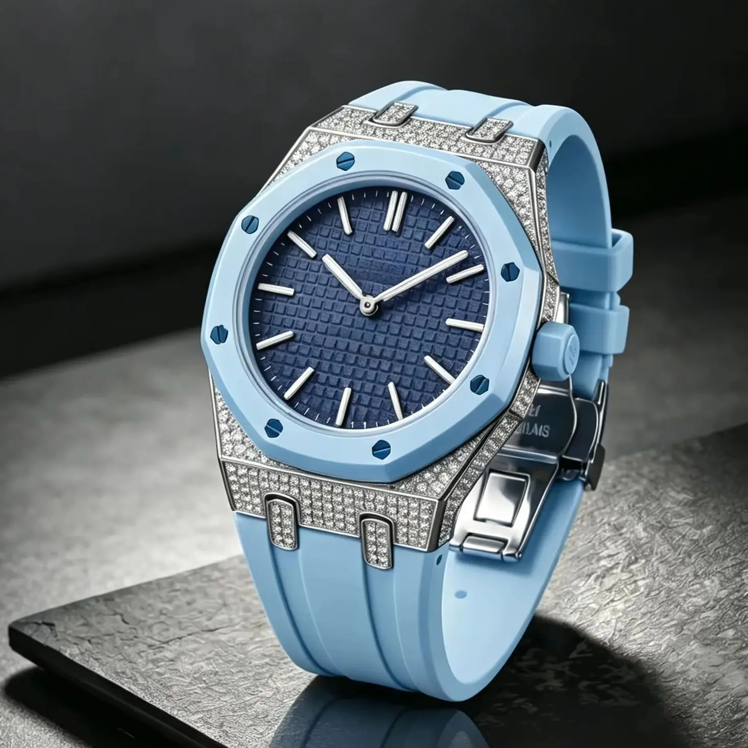 Moissanite Diamond Watch Strap Set, Stainless Steel Case Silicone Replacement Band For Royal Pop Pocket Watch