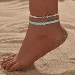 2-piece ocean beach style beaded seahorse woven adjustable women's ankles