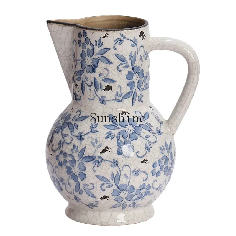 

Retro Chinese ceramic vase blue and white porcelain living room American high-end flower arrangement ornament