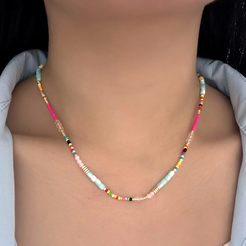 1PC Boho Beaded Necklaces For Women Dainty Colorful Summer Bohemian Mixed Bead Crystal Nekclace Choker Beach Jewelry