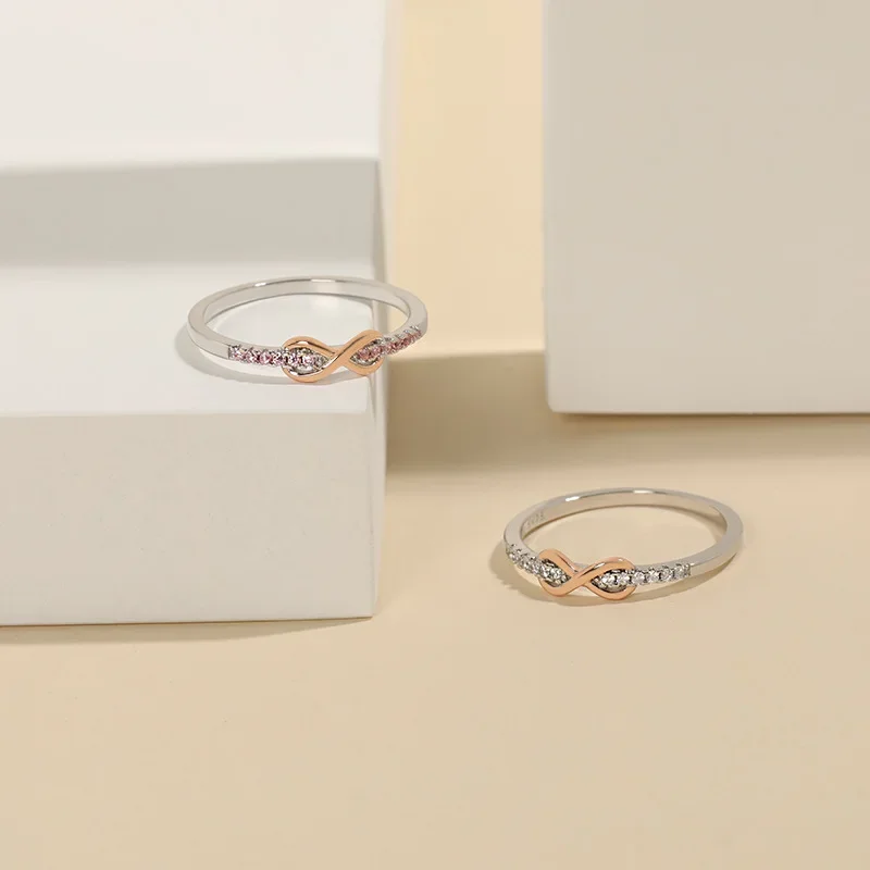 Trumium S925 Sterling Silver Infinity Love Rings for Woman Pink Cubic Zircon 8 Eternity Promise ring Fine Jewelry for Girlfriend