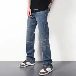 American Retro High Street Spring Summer Jeans Men's Solid Patchwork Pocket Fashion Vintage Casual Loose Cowboy Straight Pants
