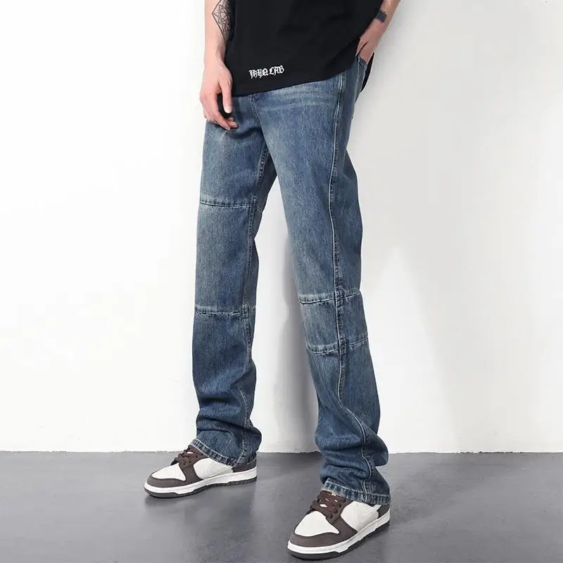 American Retro High Street Spring Summer Jeans Men's Solid Patchwork Pocket Fashion Vintage Casual Loose Cowboy Straight Pants