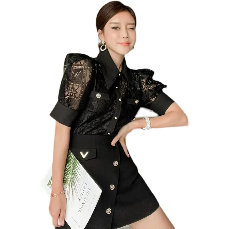 Bla Sexy Lace ort Sve irt Women's Hollow out Top Luxury Design Summer New Arrival OL Sle  Collar Button Detail