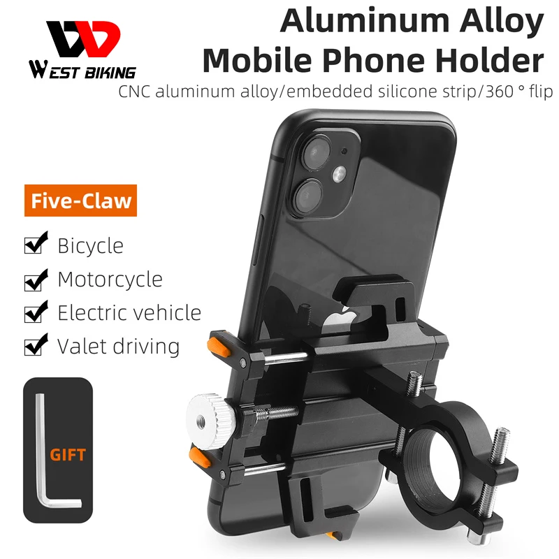 WEST BIKING Phone Holder Motorcycle Electric Bicycle Mobile Phone Support Aluminum Alloy Five Claws Mechanical Bike Phone Holder