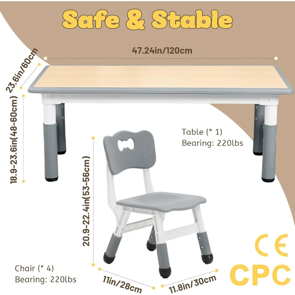 Kindertafel En 4 Stoelen Set Voor Kinderen Van 3-8 Jaar, In Hoogte Verstelbare Peutertafel En Stoelset, Gemakkelijk Af Te Vegen Knutseltafel