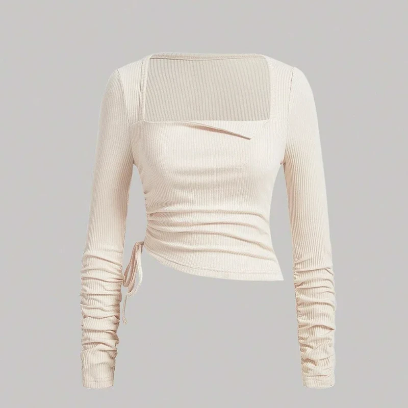 Women Drawstring Pleated Long Sleeve T-Shirt Slim Square Neck Bottoming Top