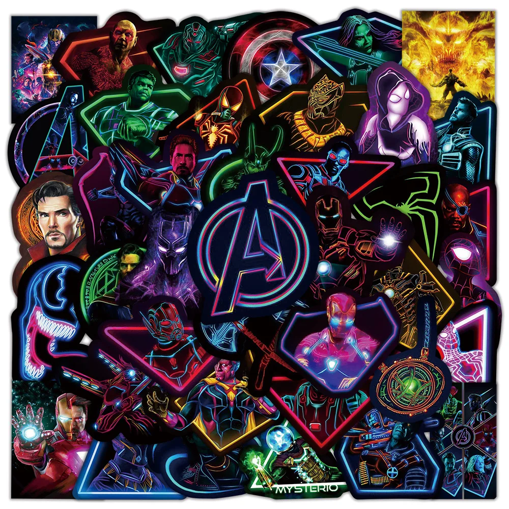 Disney-Mix Neon Light Cartoon Stickers, Marvel The Avengers, Réfrigérateur, Ordinateur portable, Moto, Voyage, Cool Sticker, 10, 30, 50, 100Pcs